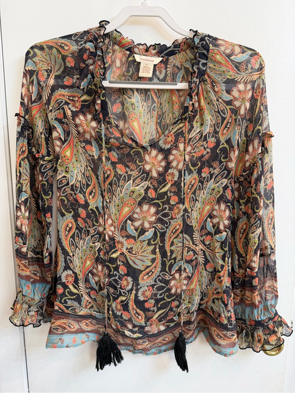 Sundance Black Paisley Floral Sheer Tie-Neck Blouse